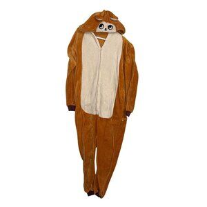 Brown & Cream Animal Onesie Pajamas With Hood & Ears For Adults Button-Up Closur